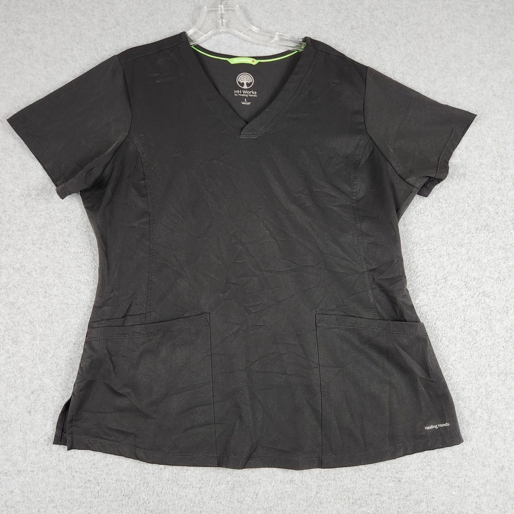 HH Works Scrub Top Women L Black Monica 2500 V-Neck Short Sleeve Pockets Stretch
